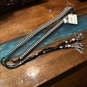 Peruvian Connection Handcrafted Black and White Woven Belt with Tassels